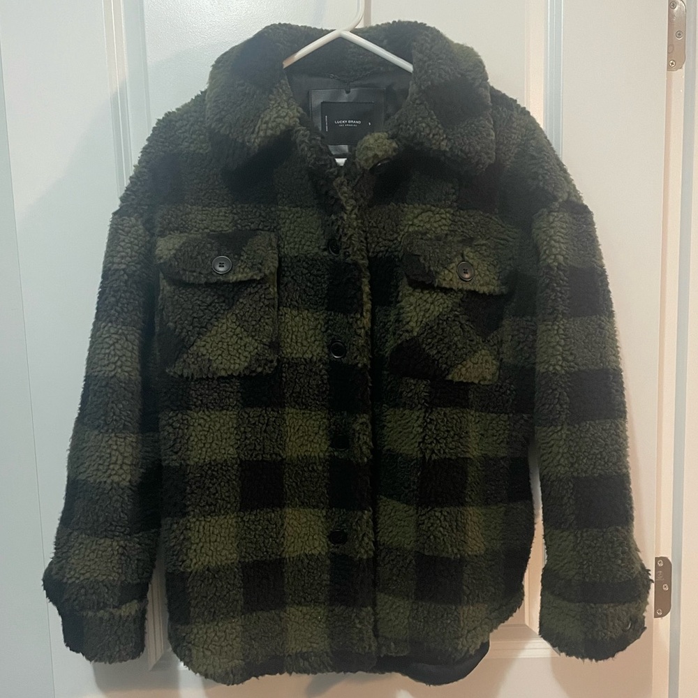 Lucky Brand Faux Fur Olive Green and Black Plaid Shacket Jacket Coat size S - Picture 2 of 8